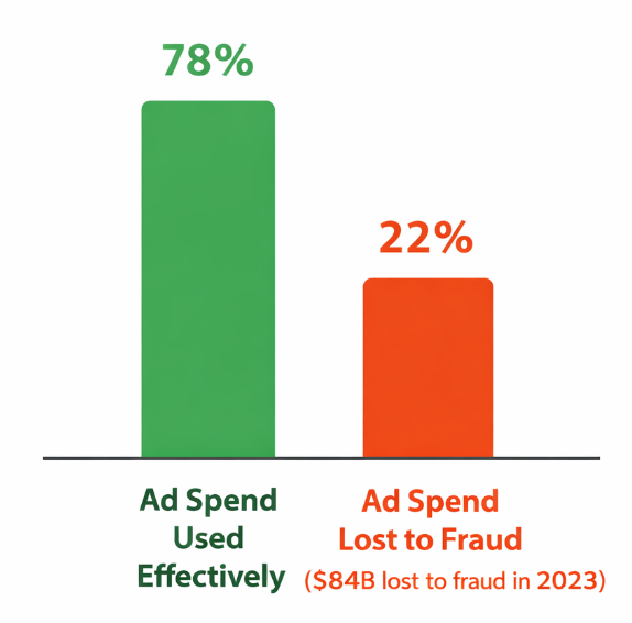 A bar chart comparing effective digital ad spend (78%) to the proportion lost to fraud (22%)