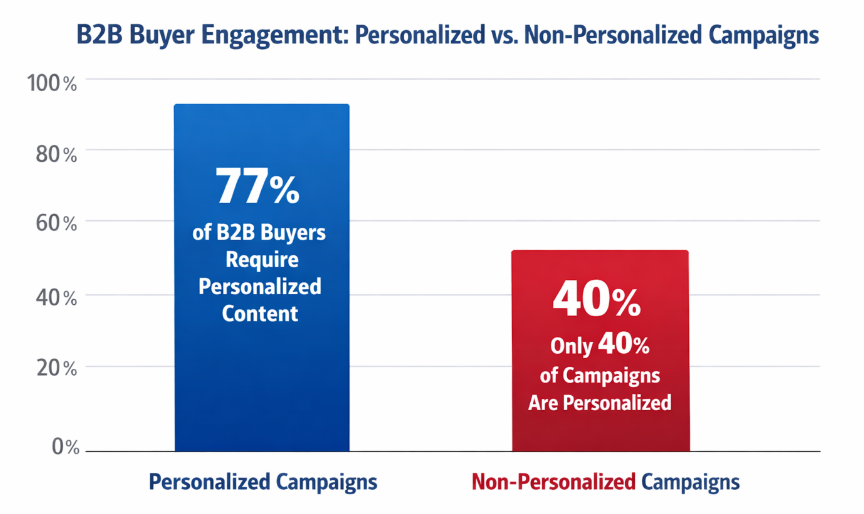 Bar chart comparing B2B buyer engagement for personalized campaigns (77% indicating need for personalization) versus perceived effectiveness of current personalization efforts (40%)