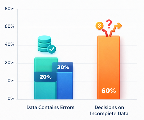 Dual bar chart showing 20&ndash;30% range for marketing data errors and 60% for decisions based on incomplete or inconsistent data