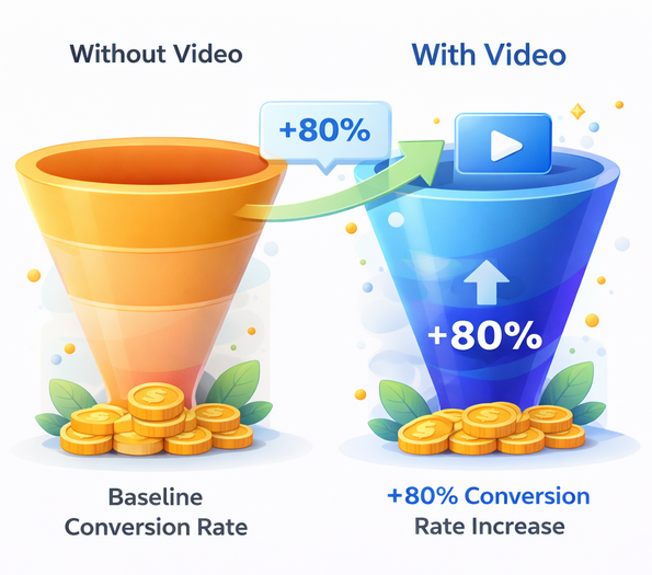 Funnel chart comparing baseline conversion rate vs 80% uplift when video content is included