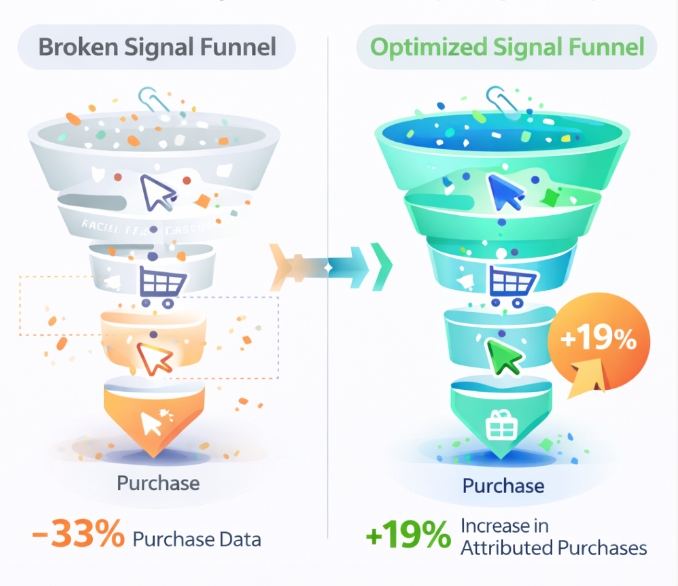 Comparison funnel diagram showing data loss in weak signal tracking versus improved conversion tracking with up to 19 percent more attributed purchases