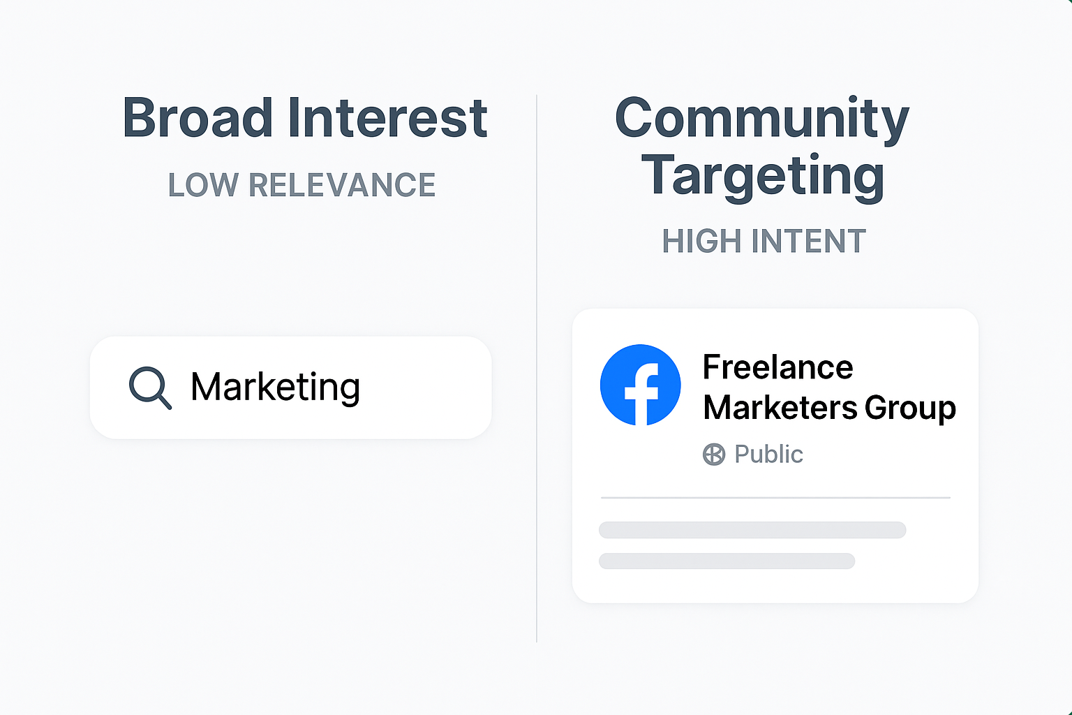 Comparison of broad interest targeting vs. community targeting using a search bar and Facebook group card.
