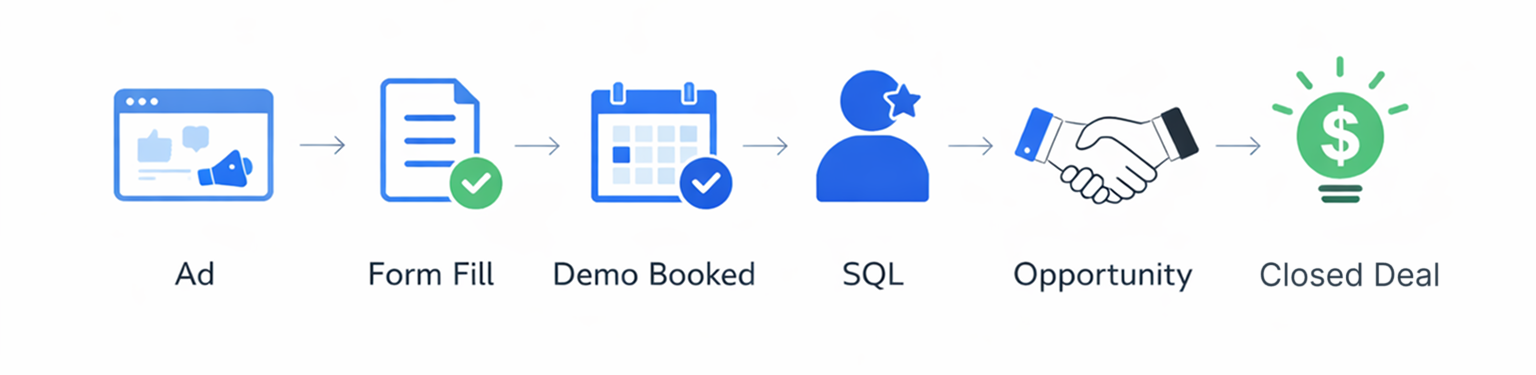 Flowchart of the B2B sales pipeline from ad click to closed-won deal.