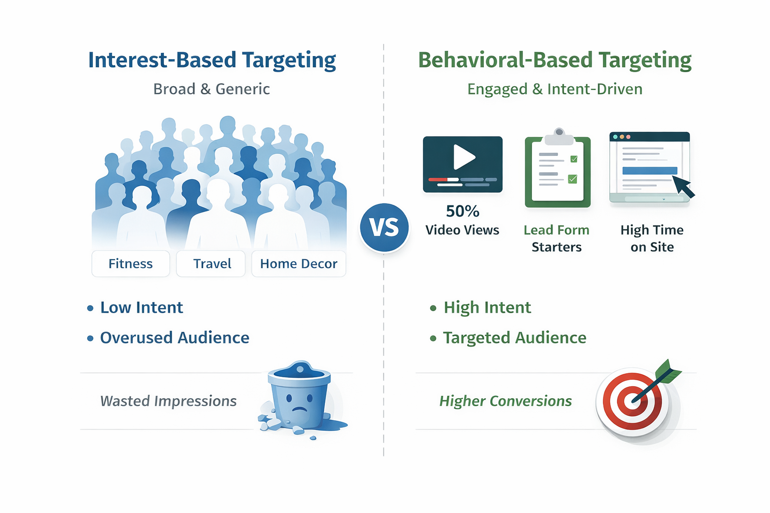 Side-by-side comparison of interest-based vs. behavioral-based Facebook ad targeting strategies.
