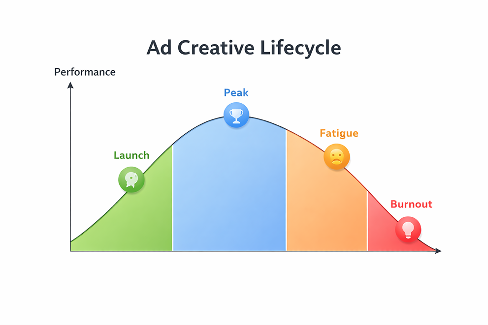 A performance-over-time graph illustrating the four stages of the ad creative lifecycle: Launch, Peak, Fatigue, and Burnout.