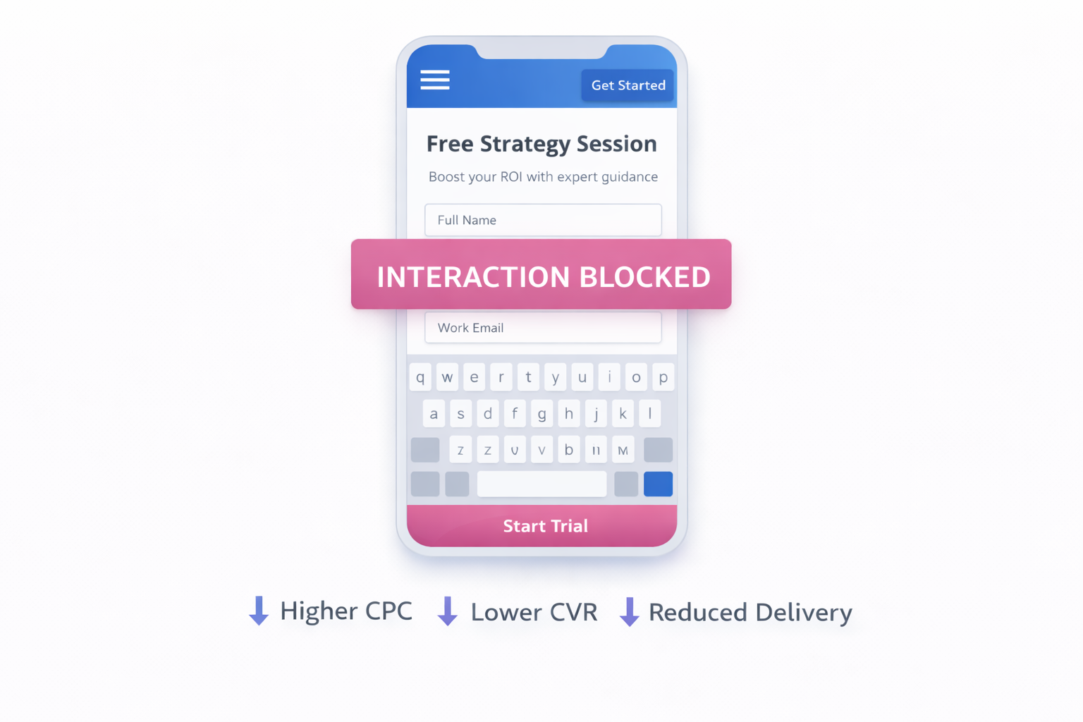 Mobile landing page with blocked CTA and input causing reduced conversion signals