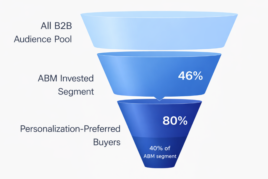 Vertical funnel graphic with three stages: total B2B audience, 46% investing in ABM, and 80% preference for personalized experiences within the targeted segment