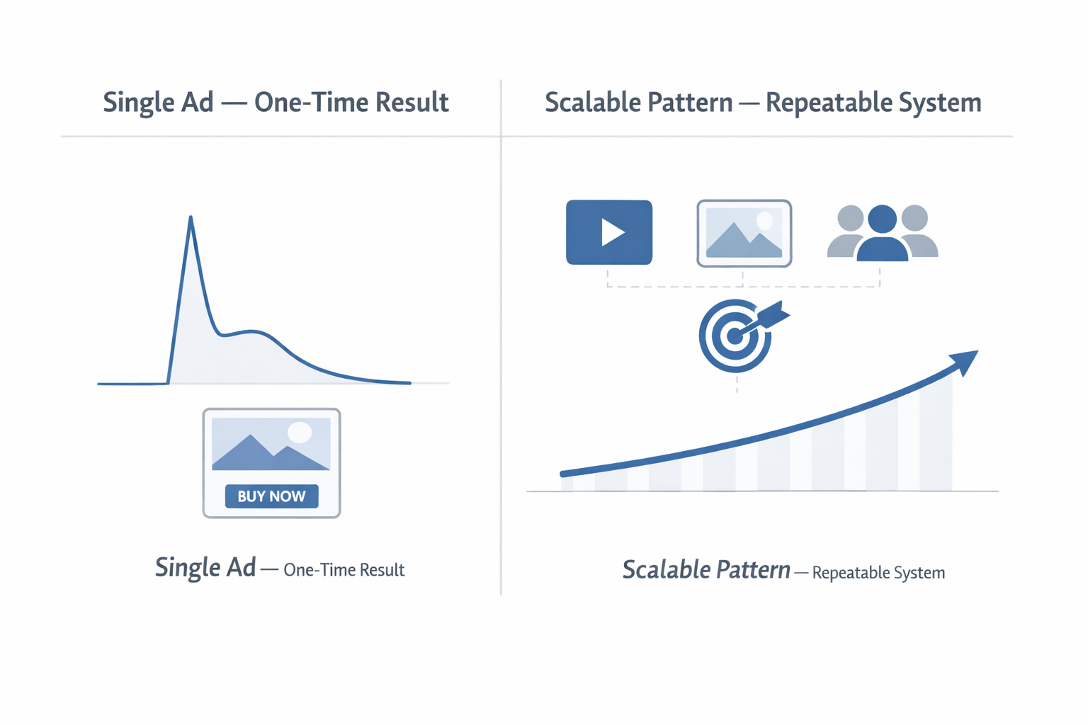 Side-by-side infographic comparing a single ad with a short-lived performance spike to a scalable campaign system with steady growth.
