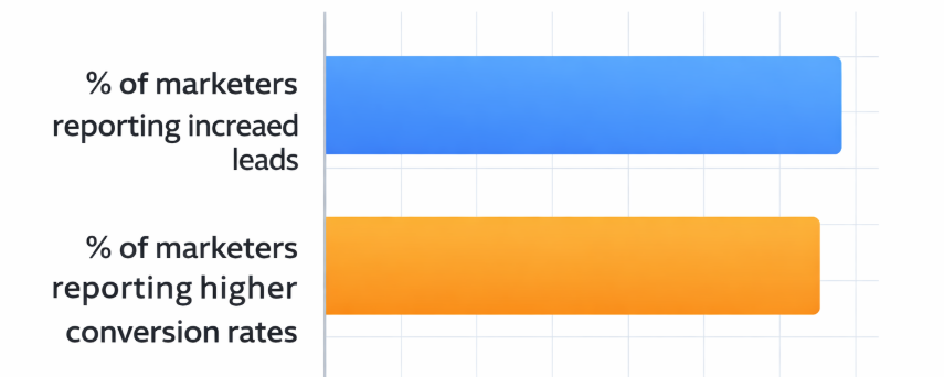 Horizontal bar chart showing about 80% of marketers reporting increases in leads and higher conversion rates due to automation