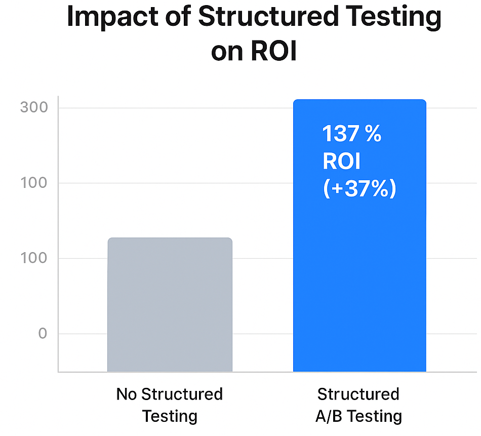 Column chart showing structured A/B testing leading to 37% higher ROI than unstructured testing