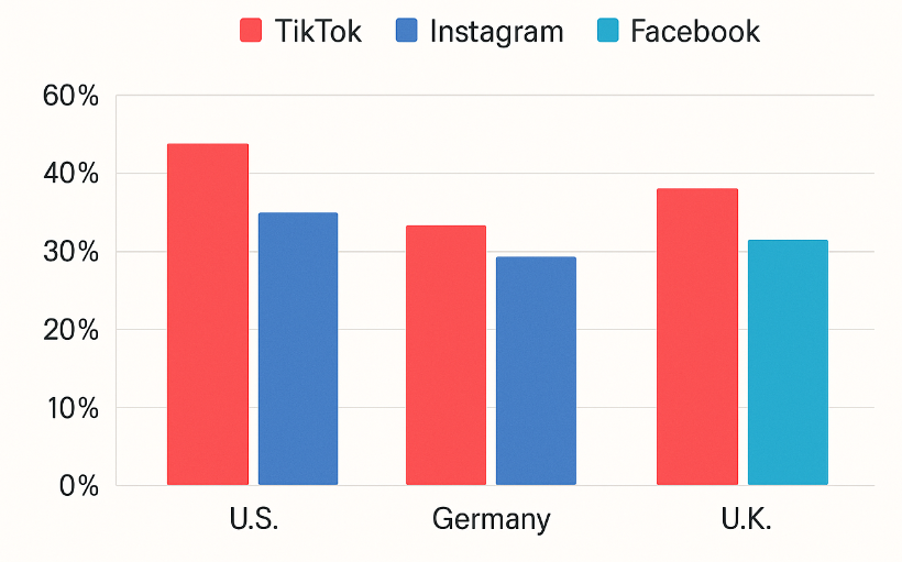 Bar chart comparing TikTok, Instagram and Facebook ad revenue share in U.S., Germany and U.K.