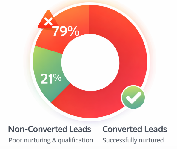Donut chart showing that 79 percent of leads do not convert into sales while only 21 percent become customers, emphasizing the importance of lead quality.