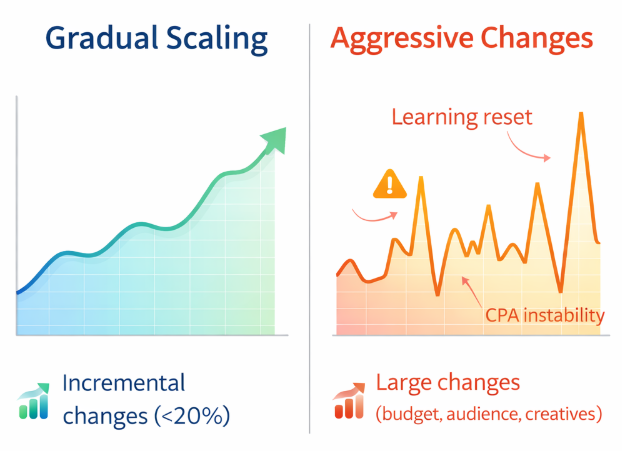 Side-by-side line charts comparing stable performance with gradual scaling versus volatile performance after sudden campaign changes