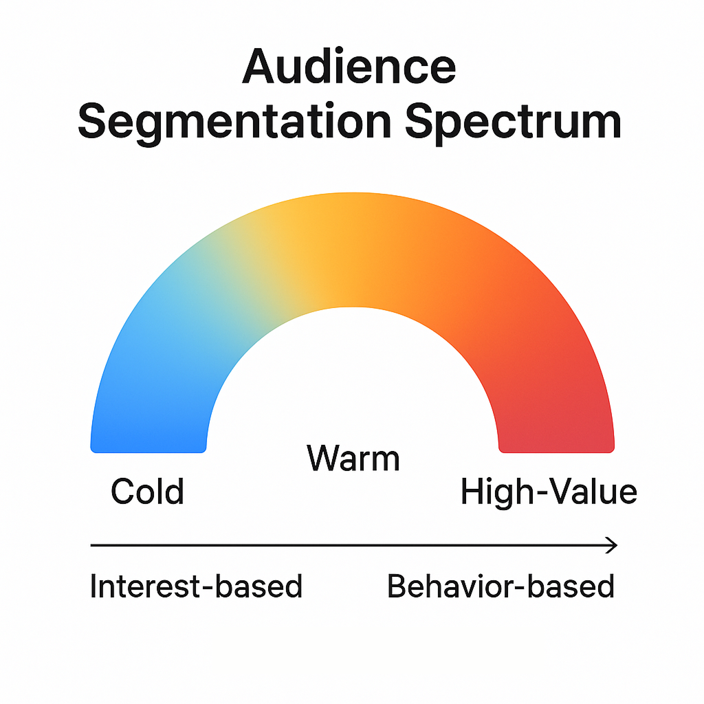 Visual diagram showing a gradient spectrum from cold to high-value audiences, labeled with interest-based and behavior-based targeting.