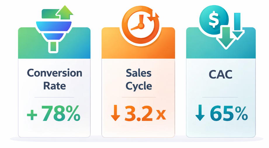 Infographic showing three metrics improved by intent data: 78 percent higher conversion rates, 3.2 times shorter sales cycles, and 65 percent lower customer acquisition costs
