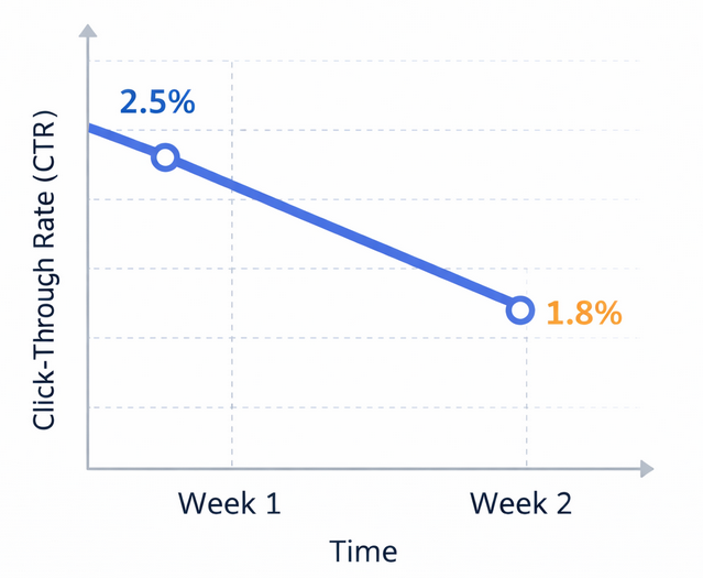 Line graph showing CTR trend over two weeks, falling from 2.5% to 1.8%, indicating ad fatigue
