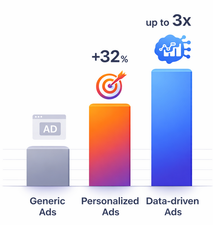 Bar chart comparing generic ads with personalized and data-driven ads, showing significantly higher conversion rates for personalized campaigns