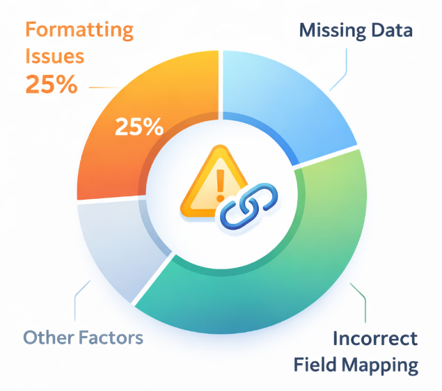 Donut chart illustrating causes of audience match failures, highlighting formatting issues as a major contributor at approximately 25%