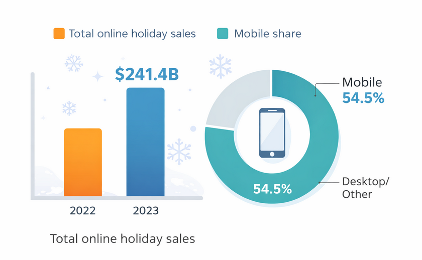 Bar chart comparing total online holiday sales year-over-year and a doughnut chart showing that 54.5 percent of online purchases were made on mobile devices