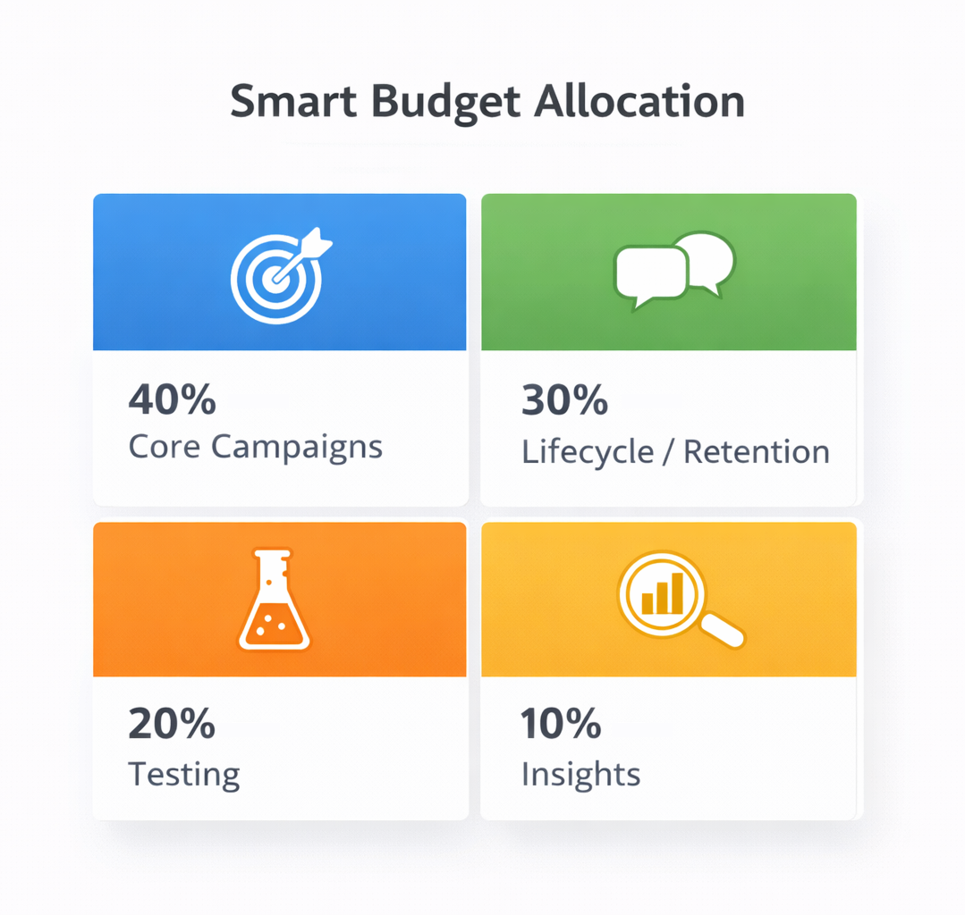 2x2 grid titled "Smart Budget Allocation" showing budget split: 40% Core Campaigns, 30% Lifecycle/Retention, 20% Testing, 10% Insights&mdash;with clean icons and color blocks.