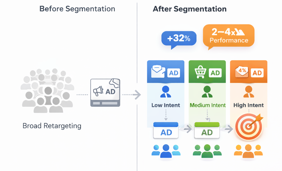 Split diagram comparing broad retargeting with segmented intent-based retargeting, showing improved performance and conversion outcomes with personalization