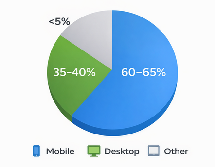 Pie chart showing roughly 60&ndash;65% of web traffic from mobile devices and about 35&ndash;40% from desktops