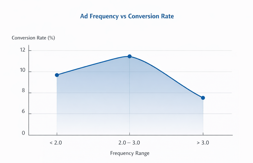 Line chart showing conversion rates across ad frequency ranges, with highest conversion below frequency 3.0