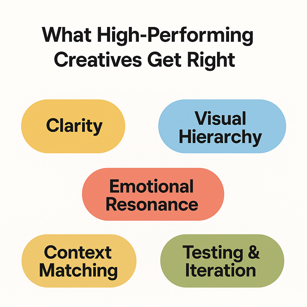 Infographic showing five traits of top ad creatives: Clarity, Visual Hierarchy, Emotional Resonance, Context Matching, and Testing & Iteration.