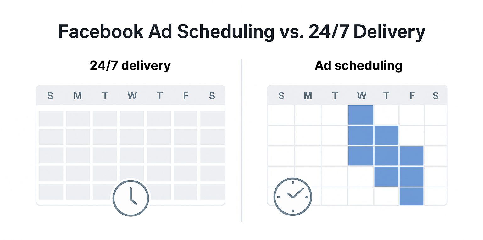 Comparison of 24/7 ad delivery vs. scheduled delivery with highlighted time blocks and use cases.