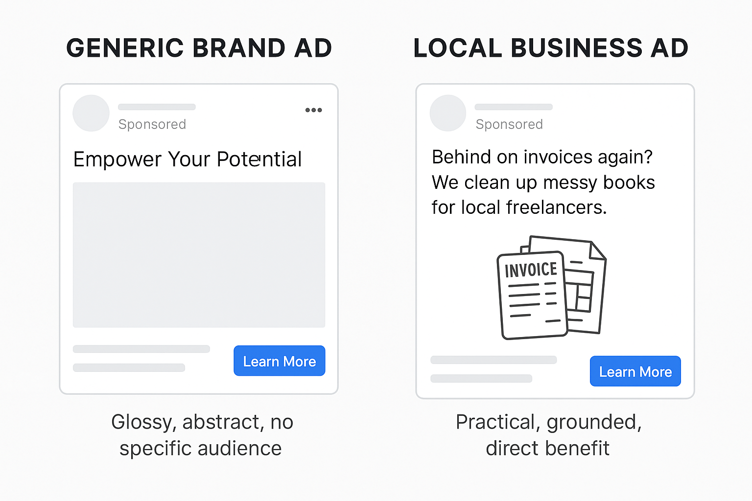 Side-by-side ads comparing a generic brand with vague messaging to a local business ad using direct, problem-solving copy for freelancers.