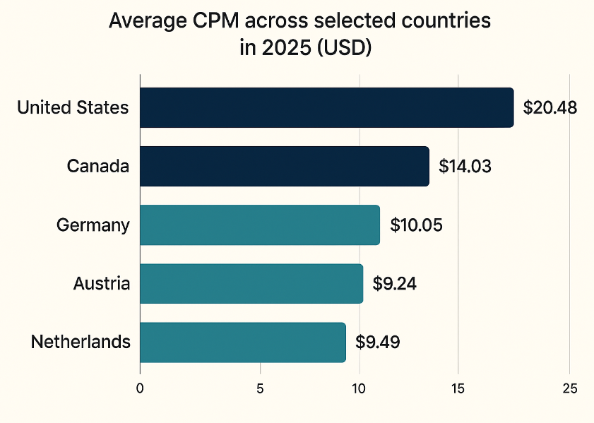 Bar chart showing average advertising cost per thousand impressions (CPM) in 2025 for several countries: United States ~20.48 USD, Canada ~14.03 USD, Germany ~10.05 USD, Austria ~9.24 USD, Netherlands ~9.49 USD