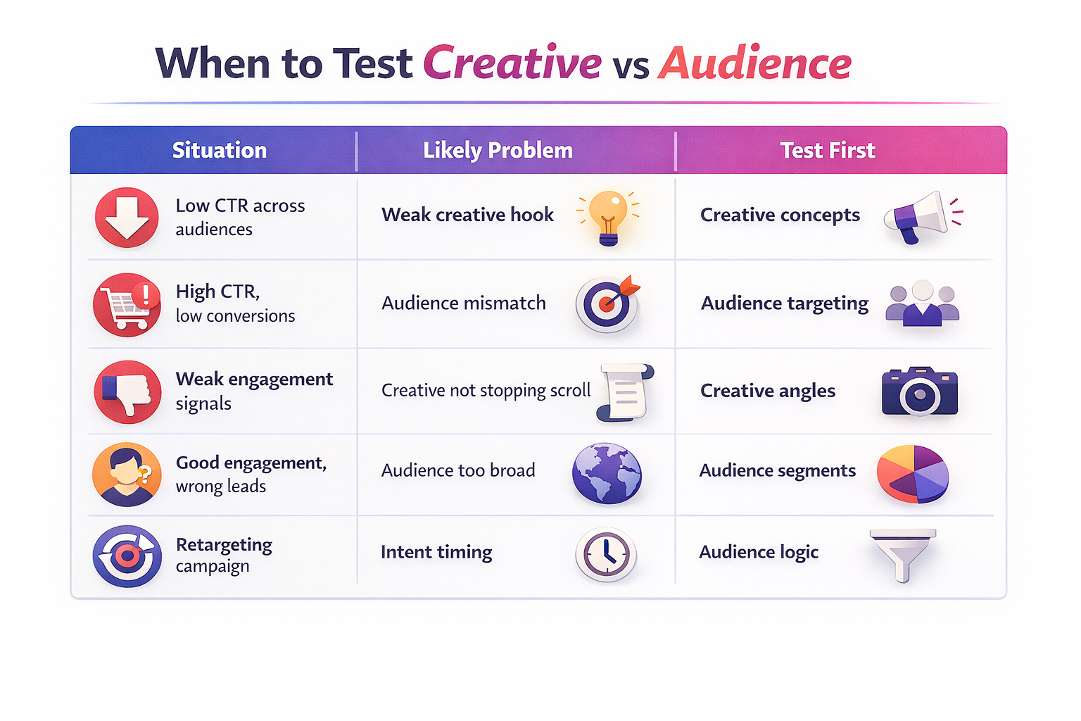 Table showing when to test ad creative versus audience targeting based on CTR, engagement, and conversions.