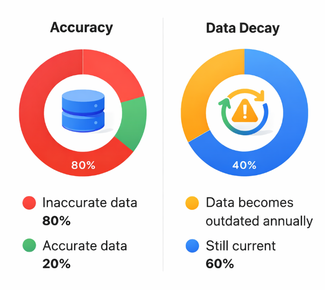 Two charts showing that 80 percent of CRM data is inaccurate and 40 percent becomes outdated each year, highlighting data quality challenges