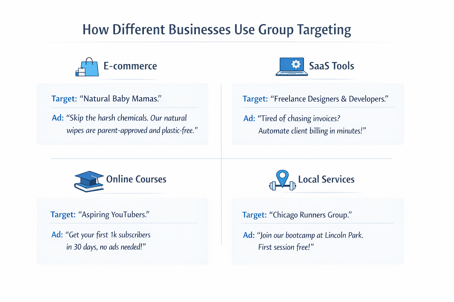 Infographic showing how e-commerce, SaaS, online courses, and local services use Facebook Group targeting with tailored ad messages.