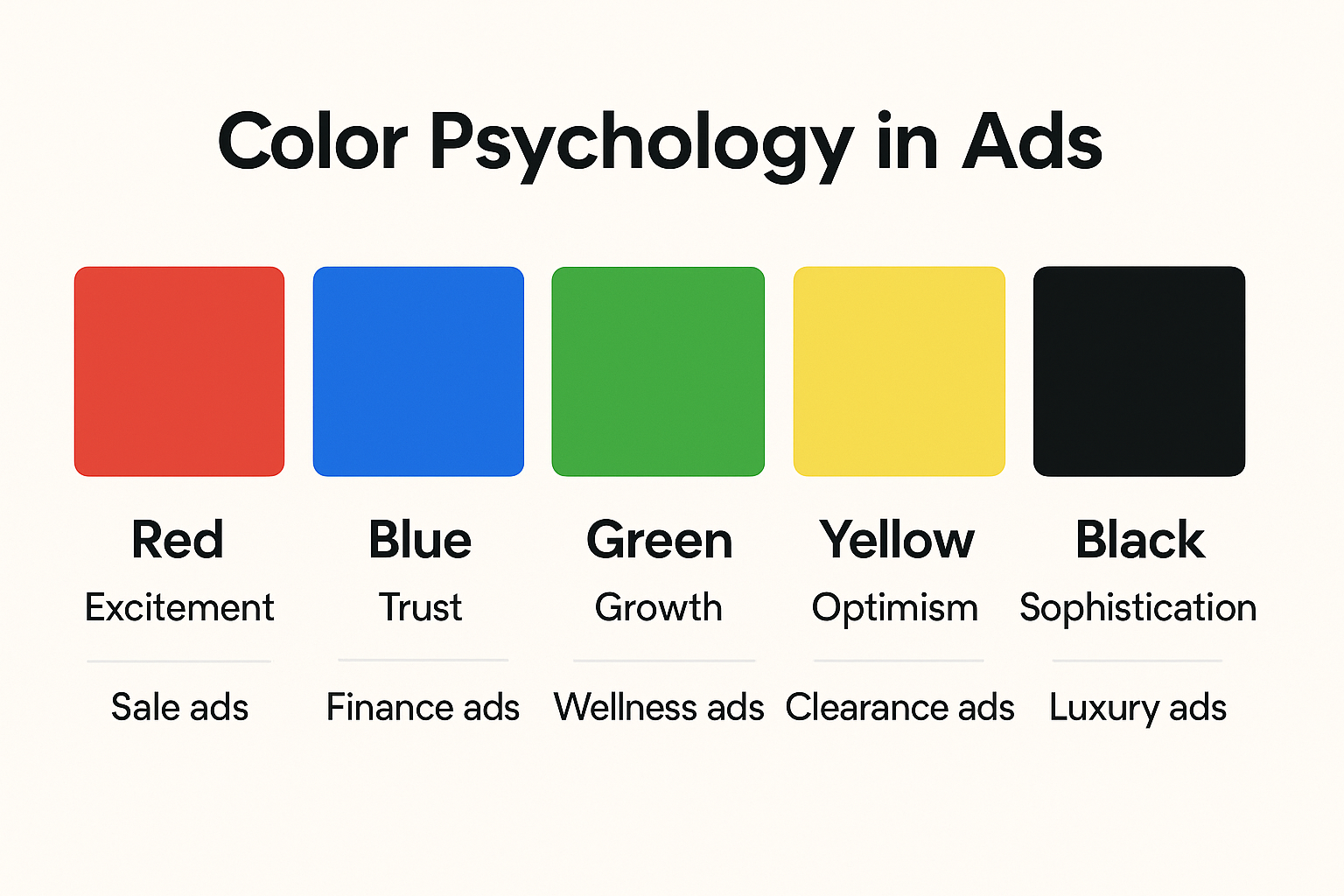 Color psychology chart showing red, blue, green, yellow, and black with their associated emotions and ad types