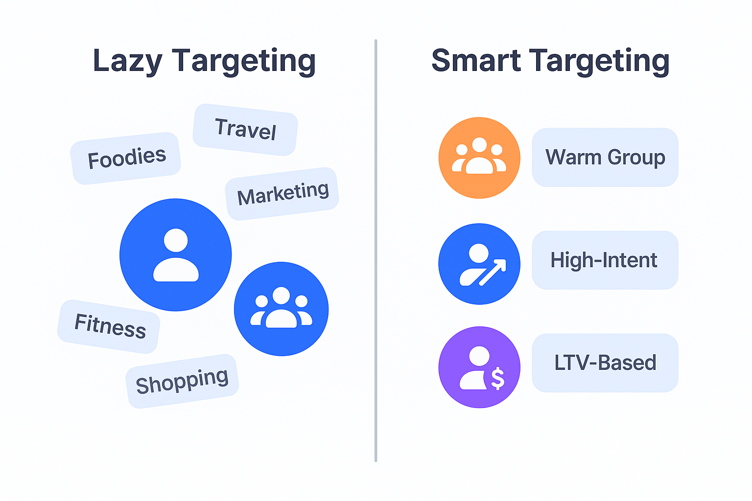 Side-by-side comparison of Lazy Targeting vs. Smart Targeting, showing scattered interest tags on the left and structured audience segments like Warm Group, High-Intent, and LTV-Based on the right.