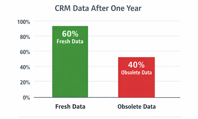 Bar chart showing 60% fresh CRM data and 40% obsolete CRM data after one year