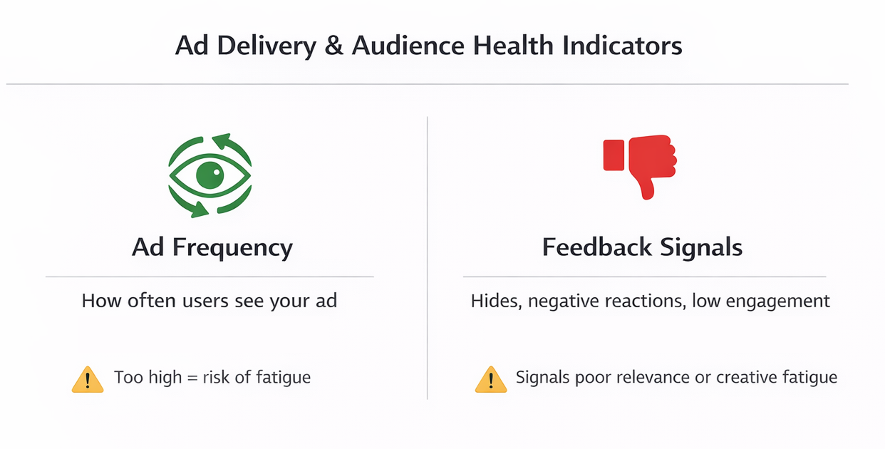 Infographic showing ad delivery metrics including frequency and user feedback signals with icons and brief explanations