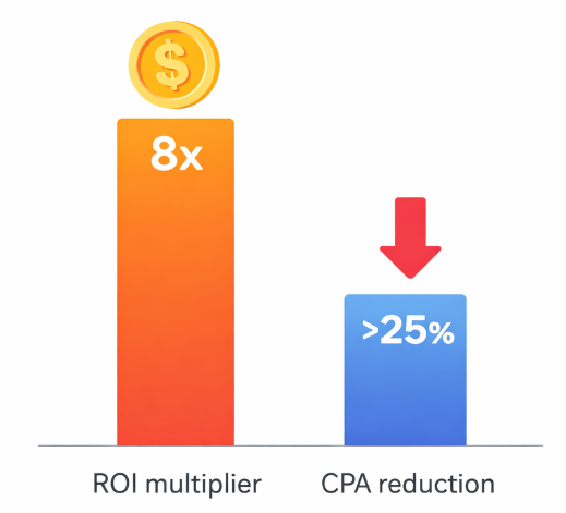 Bar chart showing first-party data drives 8&times; ROI and more than 25% lower cost per acquisition