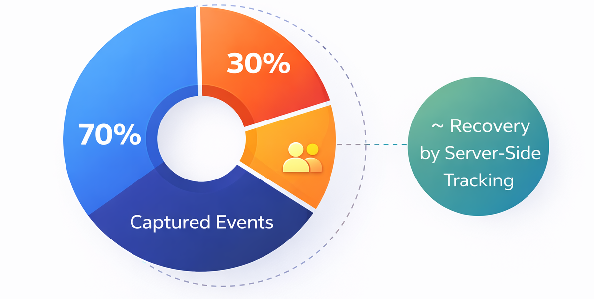 Donut chart comparing browser event capture vs. signal loss, showing about 30% of events lost due to ad blockers and restrictions