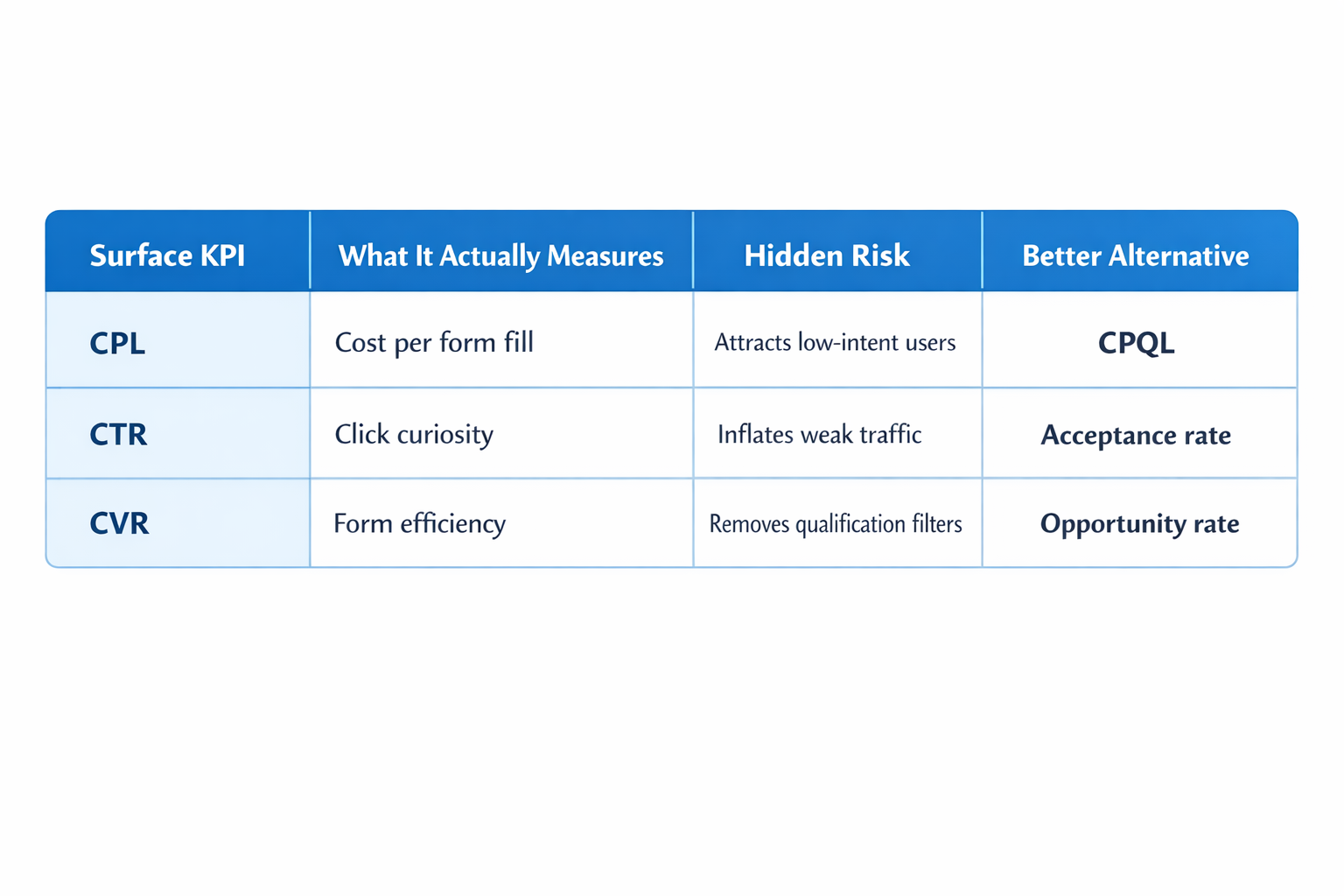 Misleading vs real KPIs table comparing CPL, CTR, and CVR with their risks and better alternatives