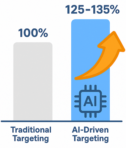 A bar chart comparing traditional targeting at 100 percent ROAS with AI-driven targeting reaching 125 to 135 percent, illustrating improved ad profitability