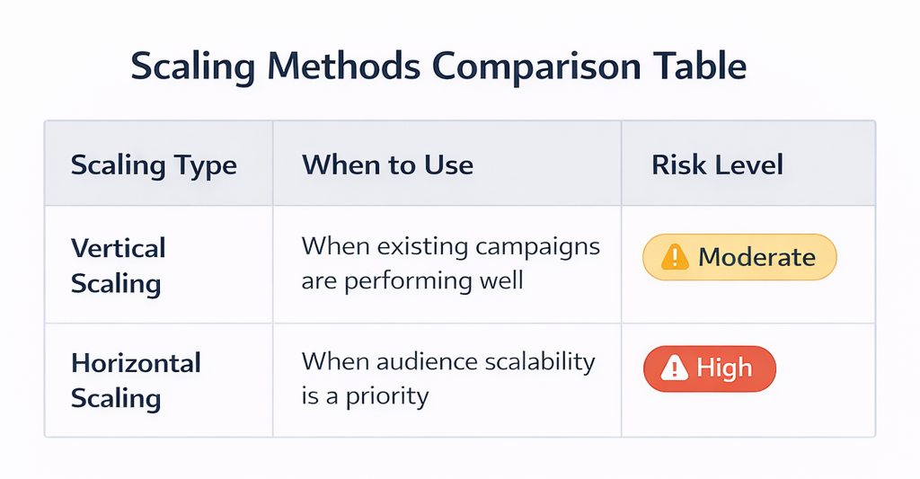 Facebook Ads Scaling Comparison Table: Vertical vs. Horizontal