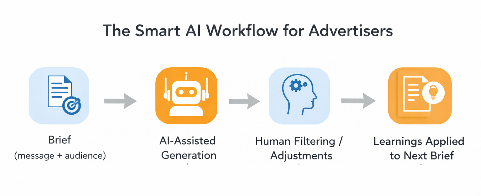 A step-by-step infographic showing the AI-assisted ad creation process from brief to testing and iteration, with a warning that weak inputs lead to poor performance.