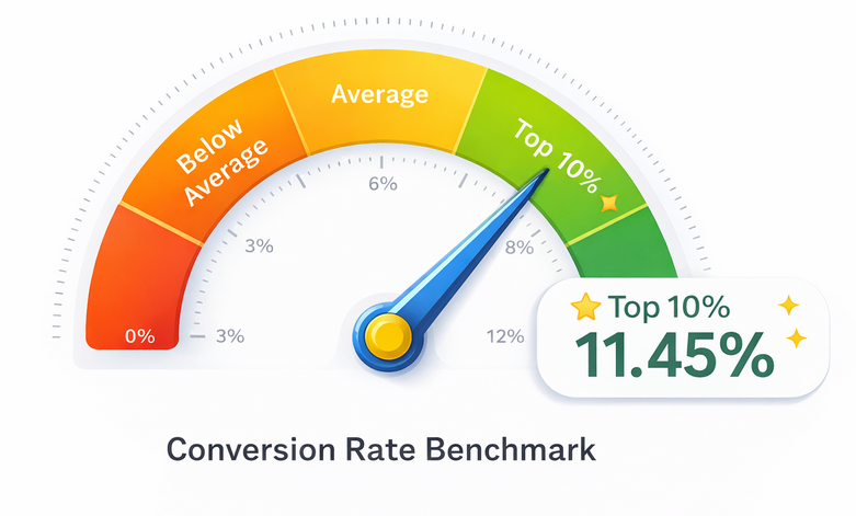 Gauge chart showing a conversion rate benchmark with the top 10% of advertisers at 11.45%