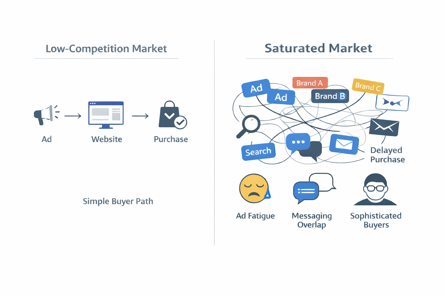 Infographic comparing simple and complex buyer journeys in low-competition vs saturated Facebook ad markets.