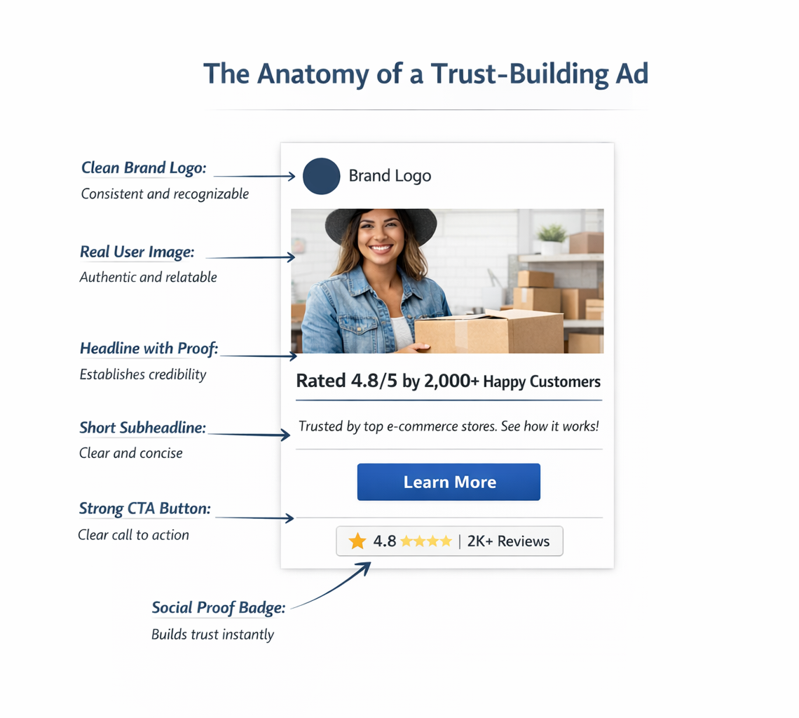 Annotated ad mockup showing six labeled elements of a trust-building Facebook ad: brand logo, user image, proof-based headline, subheadline, CTA button, and social proof badge.