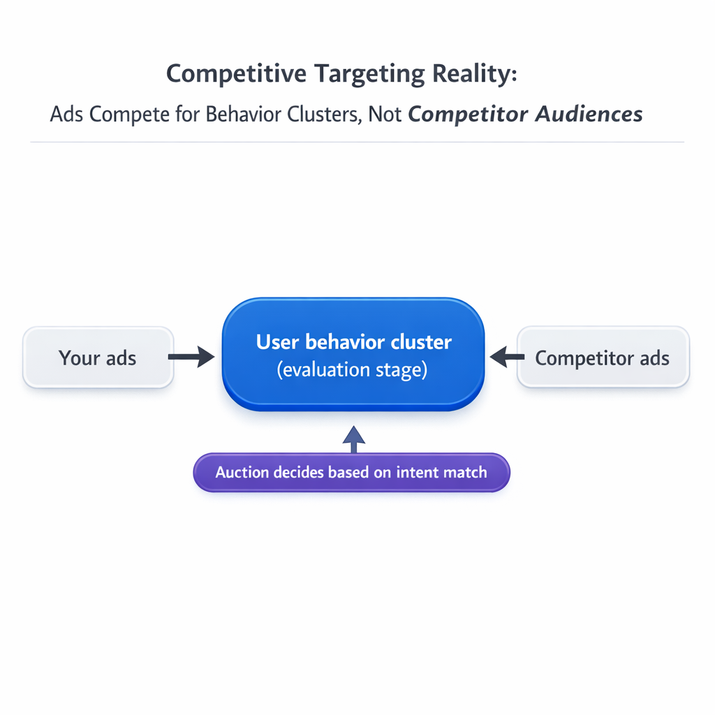 Ads from different advertisers competing for the same user behavior cluster in an auction system
