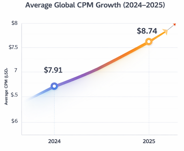 Line chart showing two points representing average global CPM: $7.91 in 2024 and $8.74 in 2025, with an upward trend line.