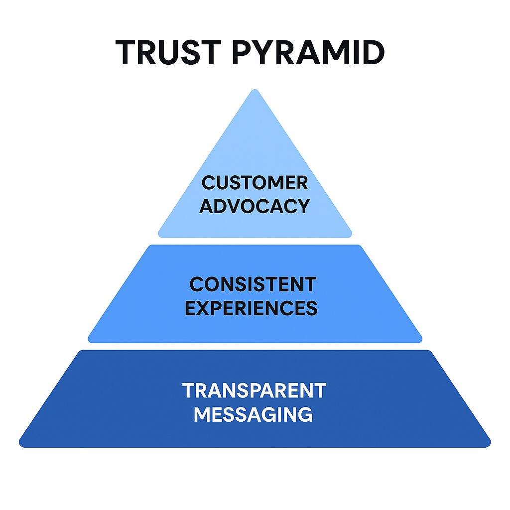 Trust pyramid diagram with three layers: Transparent Messaging at the base, Consistent Experiences in the middle, and Customer Advocacy at the top